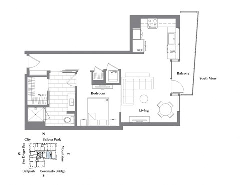 Floor plan for 1 bed, 1 bath, 808 sqft